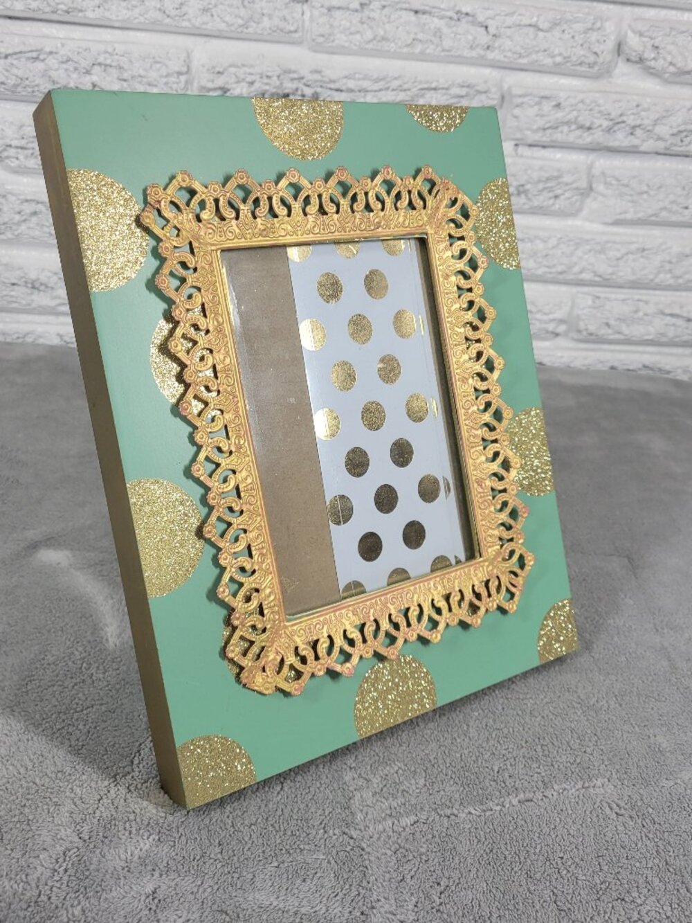 Green Gold Glitter Polka Dot Picture Frame Filigree Border Tabletop 5X7 S67E